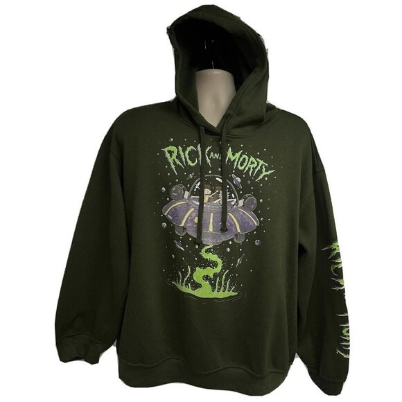 RICK & MORTY Dark Green Hoodie Pullover Sweatshirt XL Stretch Adult Swim Aliens - Picture 1 of 9